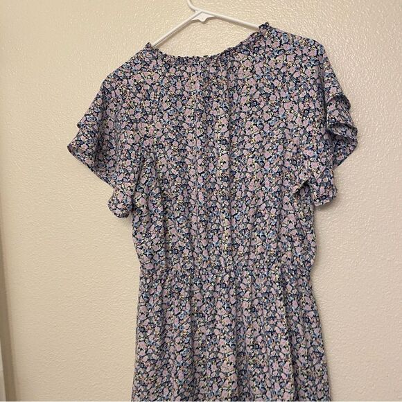 Summer dress short tie neck ruffle flutter micro floral print feminine fairy L - Picture 4 of 13